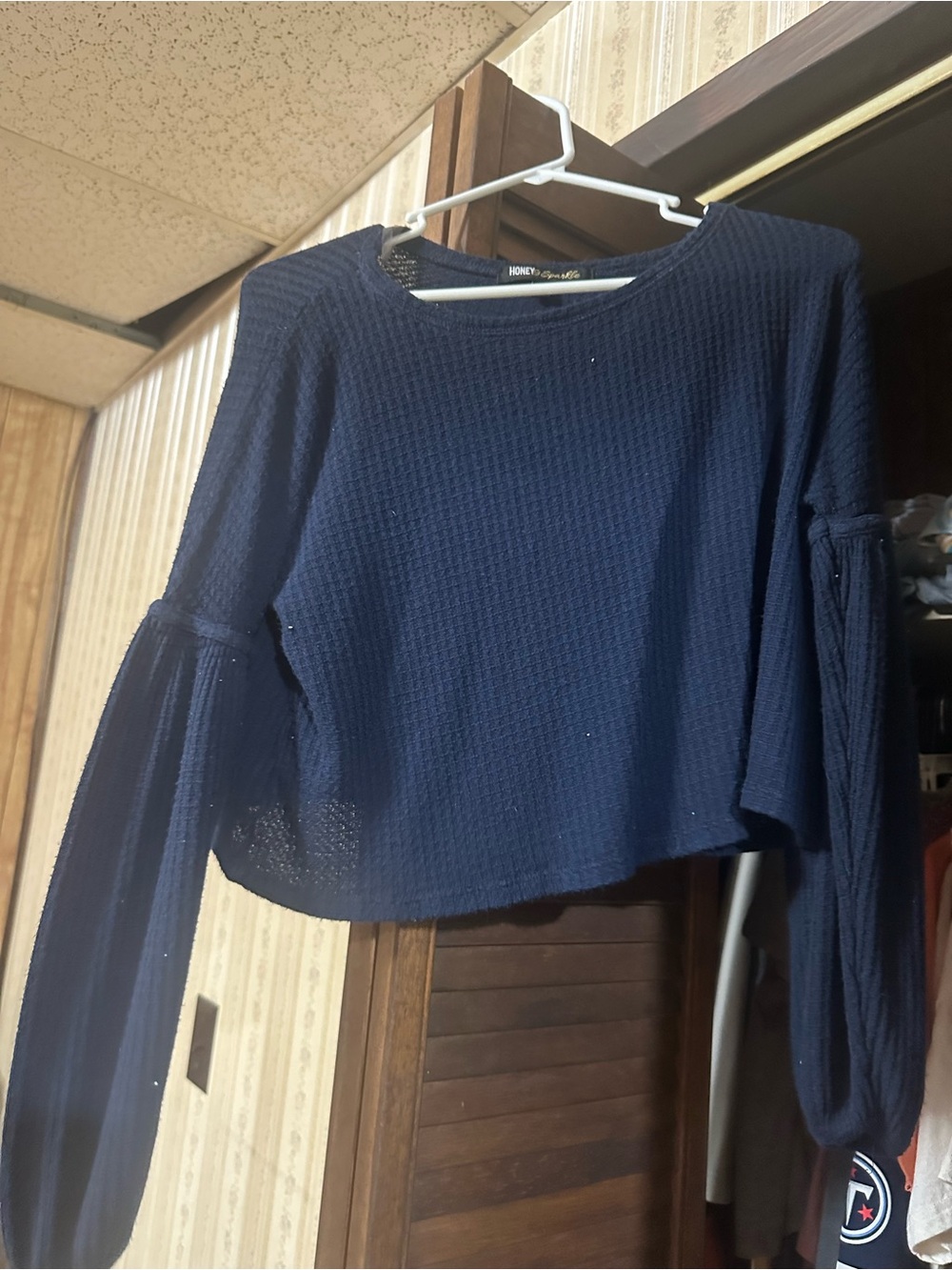 Honey & Beau Navy Waffle-Knit Bell Sleeve Crop Top